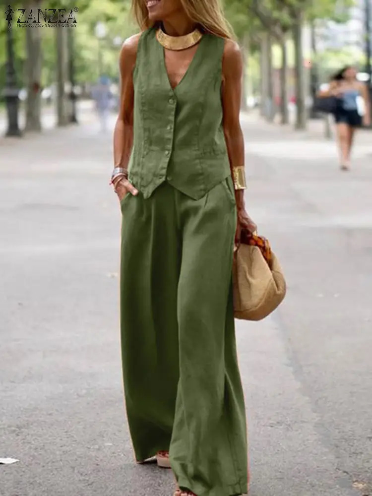 ZANZEA Woman Elegant 2Piece Pant Sets Casual Vest and Pants Old Money Style Suits 2pcs Outfits Wide Leg Trouser 250226