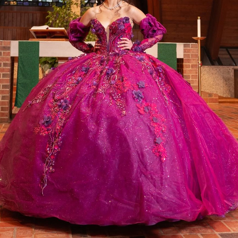 Rose Red Shiny Quinceanera Dresses Ball Gown Off The Shoulder Applique Lace Beading Tull Party Birthday Sweet 16 Vestidos 15 De Anos