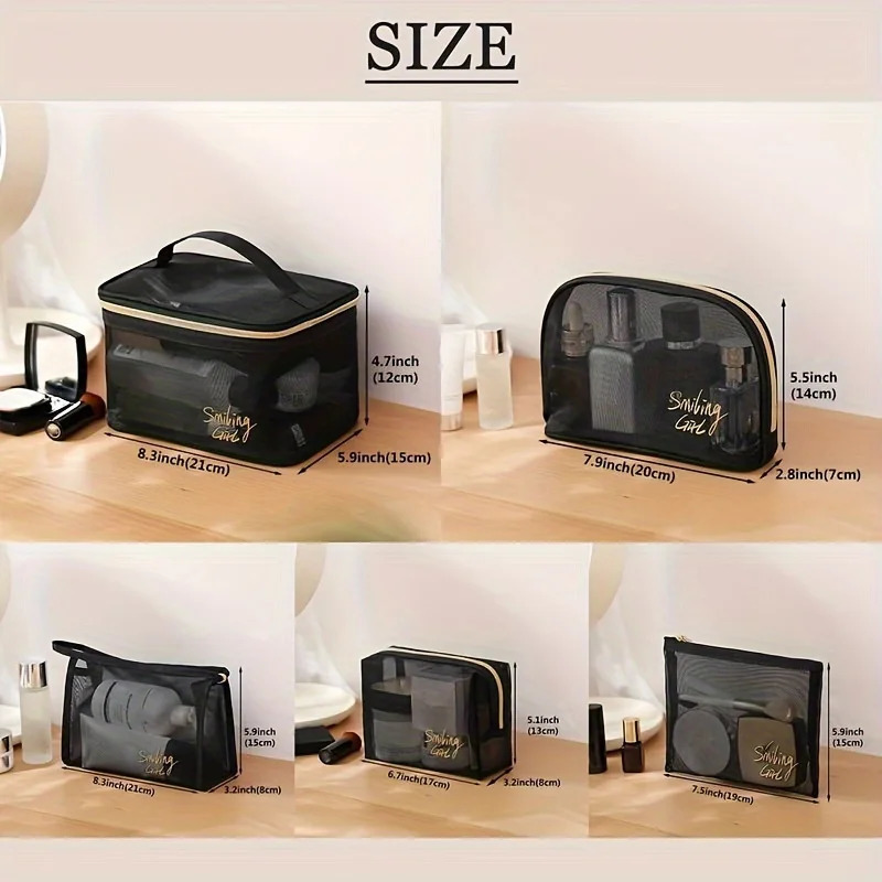 Ship from US 5pcsset Make Up Bag Travel Cosmetic Organizer Transparent Black Mesh Pouch Makeup 250227FBB