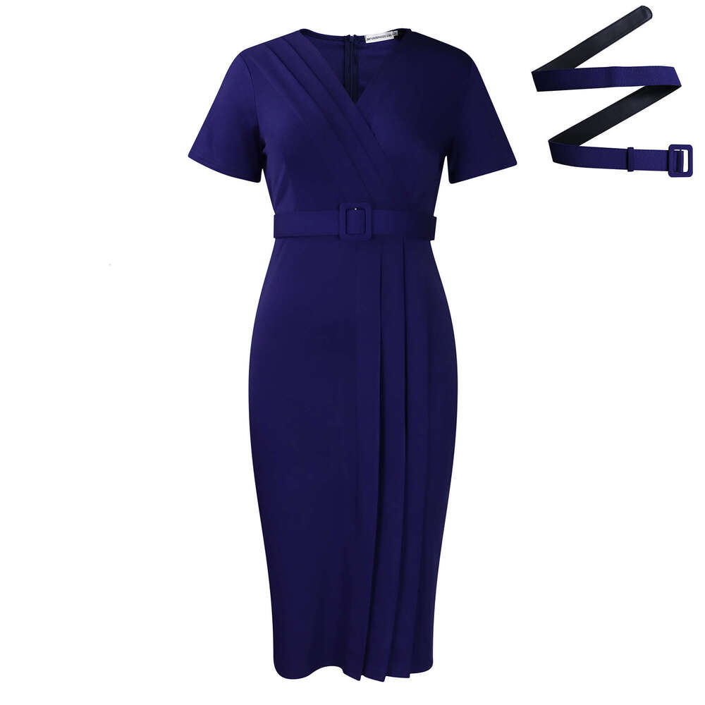 D504 women's summer short sleeved V-neck waist cinched solid color OL Tongle pencil skirt African dress 2025 new style chic and elegant clothing