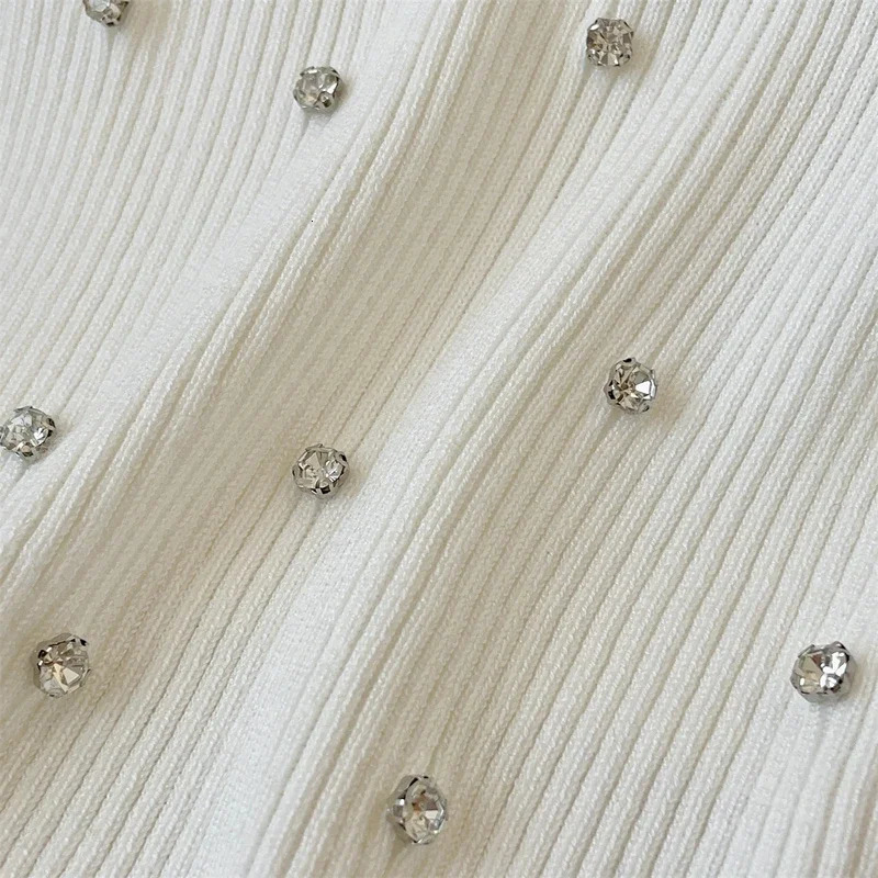 Rhinestone Knitted Tank Top White Crew Collar Sleeveless Summer Womens Wear Crop 250226