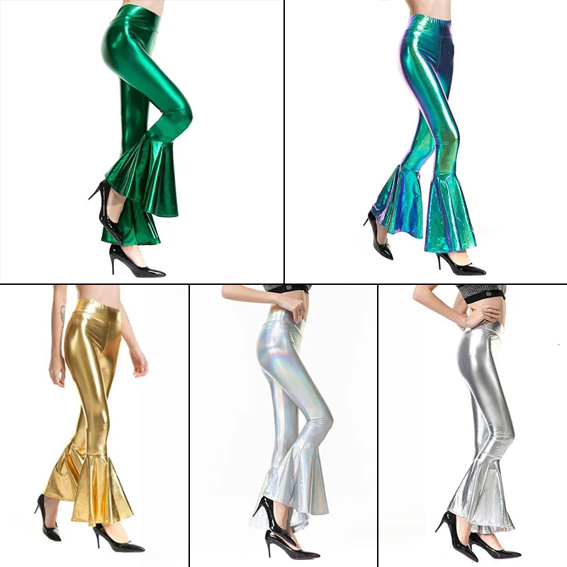 Womens sexy PU leather metal pants shiny holographic Flare womens elastic waist Flared Trousers dance performance club uniform 250227