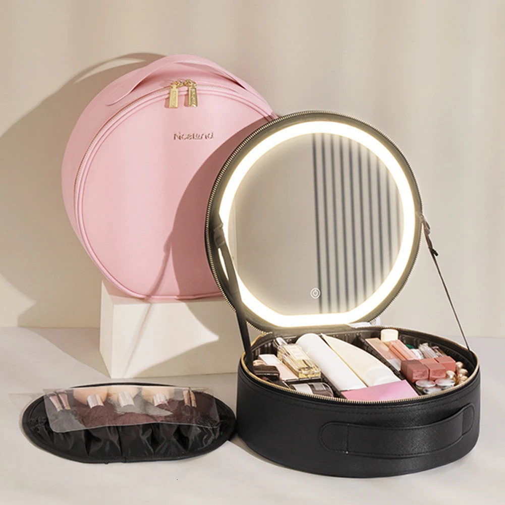 Ship from US PU Multifunctional Toiletries Organizer with LED Mirror Makeup Case Light 3 Color Adjust Brightness Touch Switch for Women Girls 250227FB