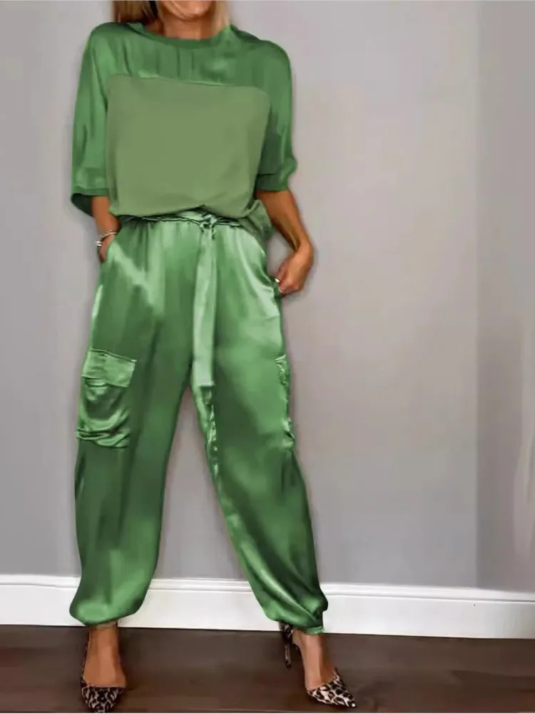 For Women Spring Summer Fashion Solid Color Satin Two Piece Set O Neck Long Sleeve Top Long Pants Casual Loose Two Piece Set 250320