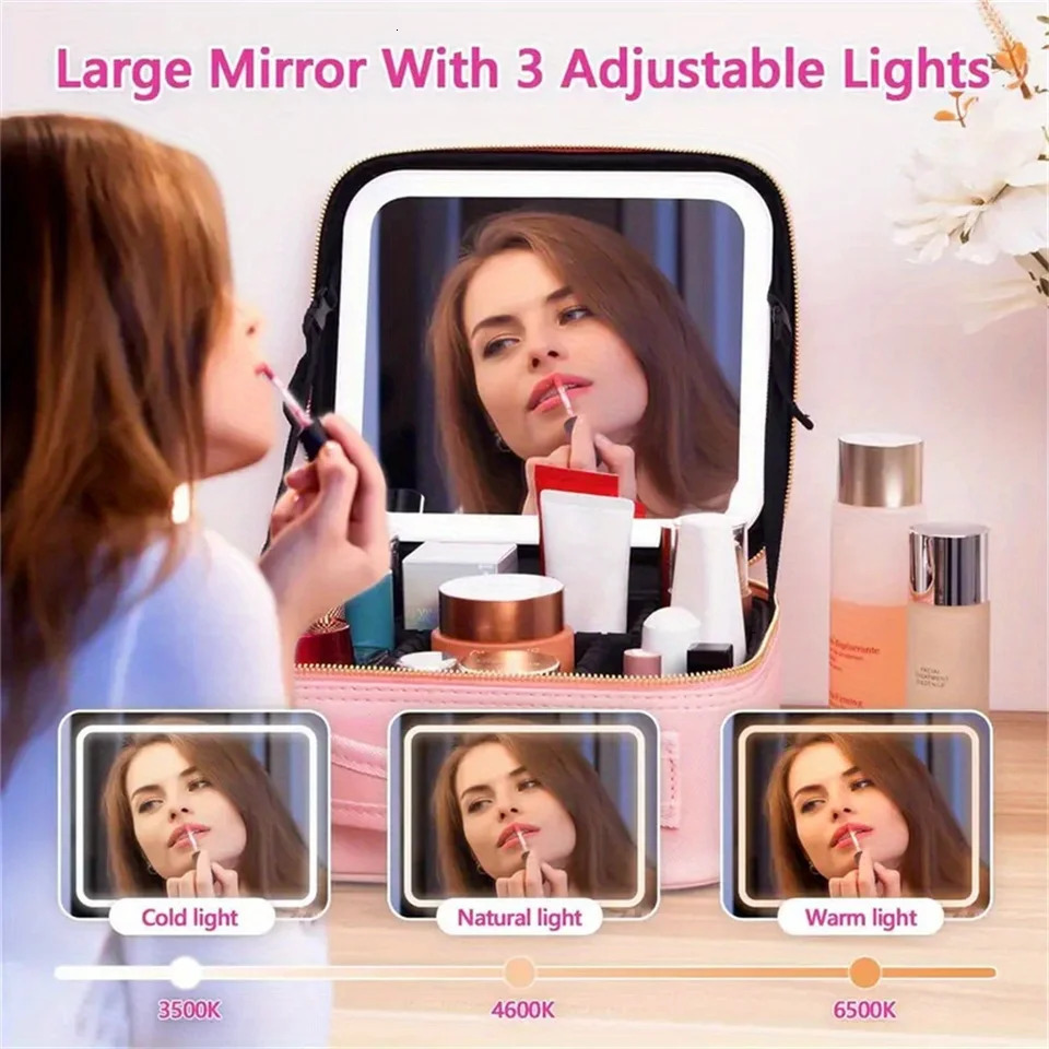 Ship from US Travel Makeup Bag With LED Lighted Make Up Case Mirror 3 Color Setting Cosmetic Box Organizer Vanity For Women 250227FBB