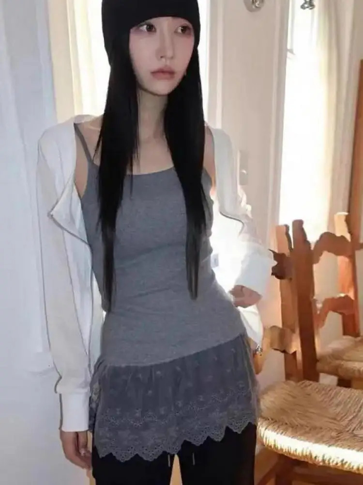 General Korean Fashion Patchwork Lace Camisole Sleeveless Vintage Fairycore Halter Tops Y2k Clothes Tank Top Tanks Camis 250226