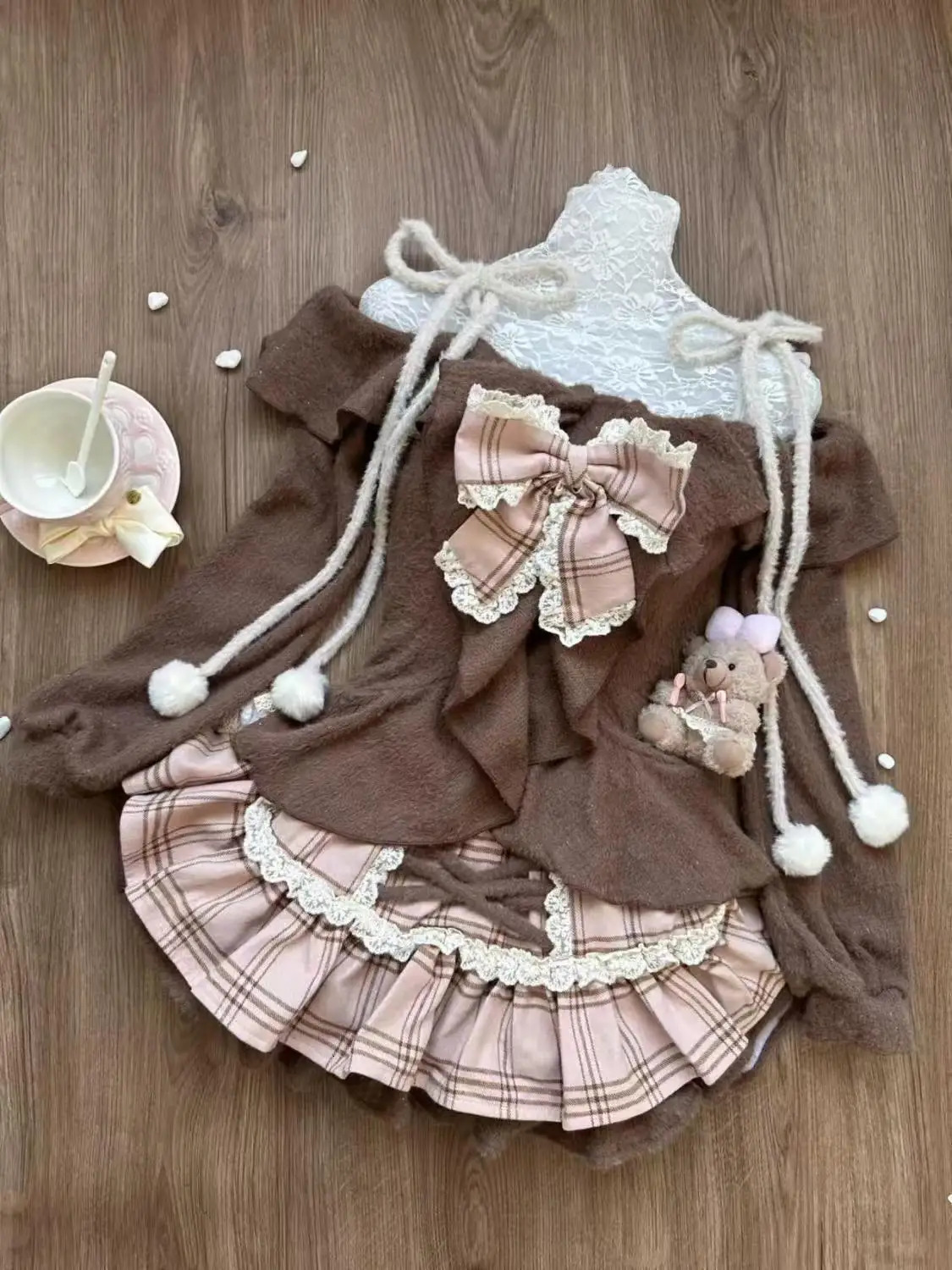Japanese Sweet Cute Skirt Two Piece Set Spliced Lotus Leaf Edge Waist Cinching Slimming One Shoulder Top High Waist Cake Skirt 250227