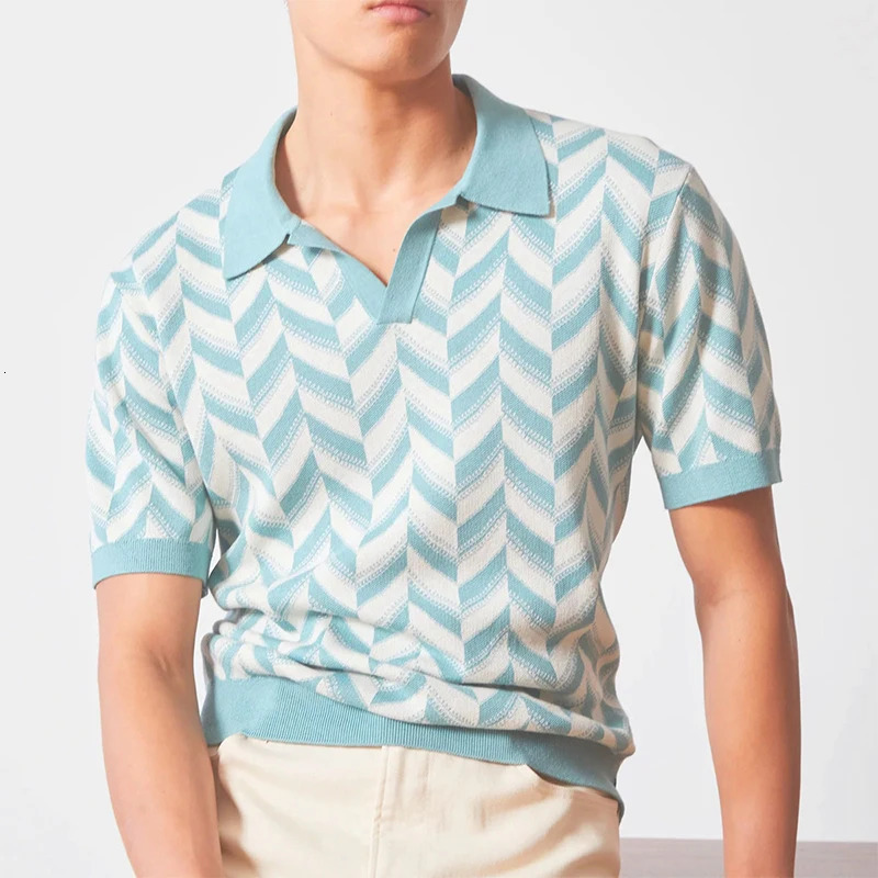 Summer mens jacquard knitted V-neck short sleeved polo shirt casual breathable fashionable high-quality knitted 250224