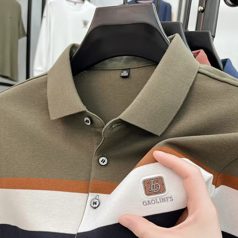 High end striped long sleeved fashionable embossed mens polo shirt 2025 Autumn silk cotton comfortable casual T-shirt 250224