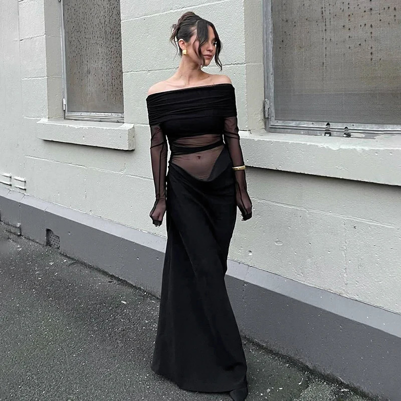 CUTENOVA Summer Solid Color Long Sleeve Off Shoulder Dresses Sexy Wrap Hip Mesh See Through Ruched Patchwork Long Dress 250226