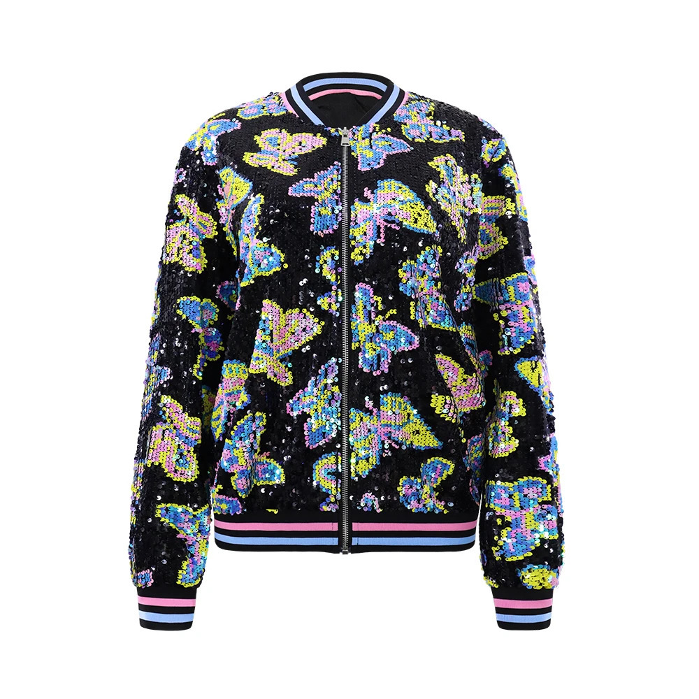 Butterfly Pattern Beaded Jacket Stylish Long Sleeve Zipper For Spring Fall Womens Clothing 250227
