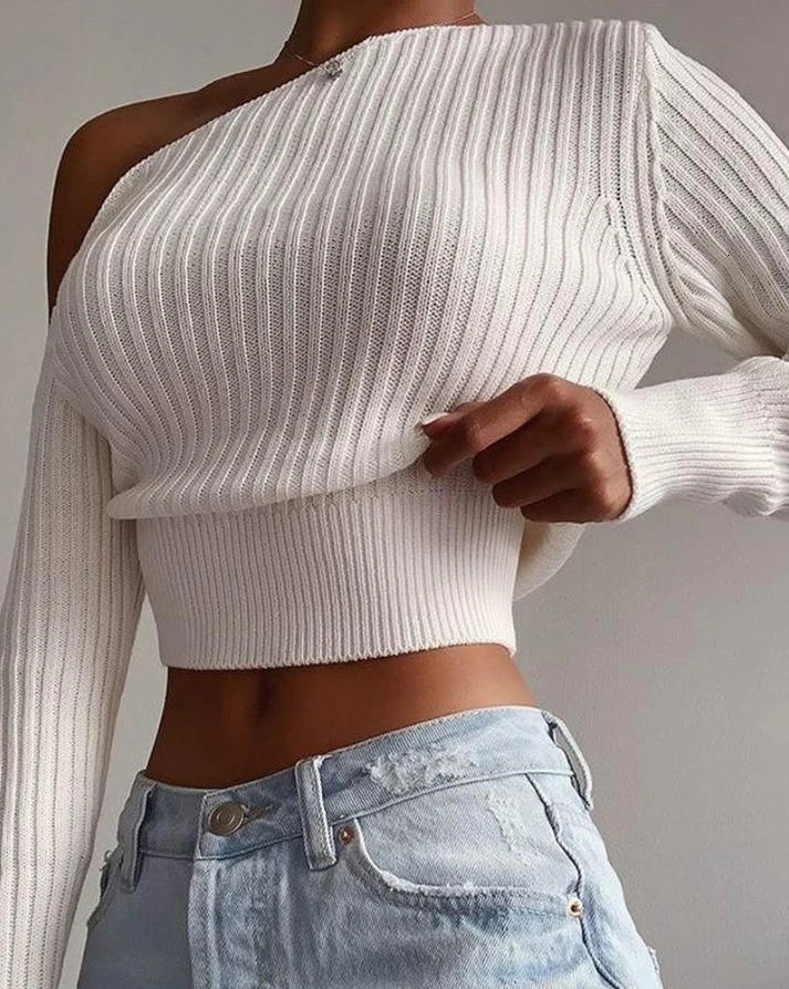 Autumn Womens Cold Shoulder Long Sleeve Casual Crop Sweater Temperature Communicating 2024 Knitting Pulling Machine 250225
