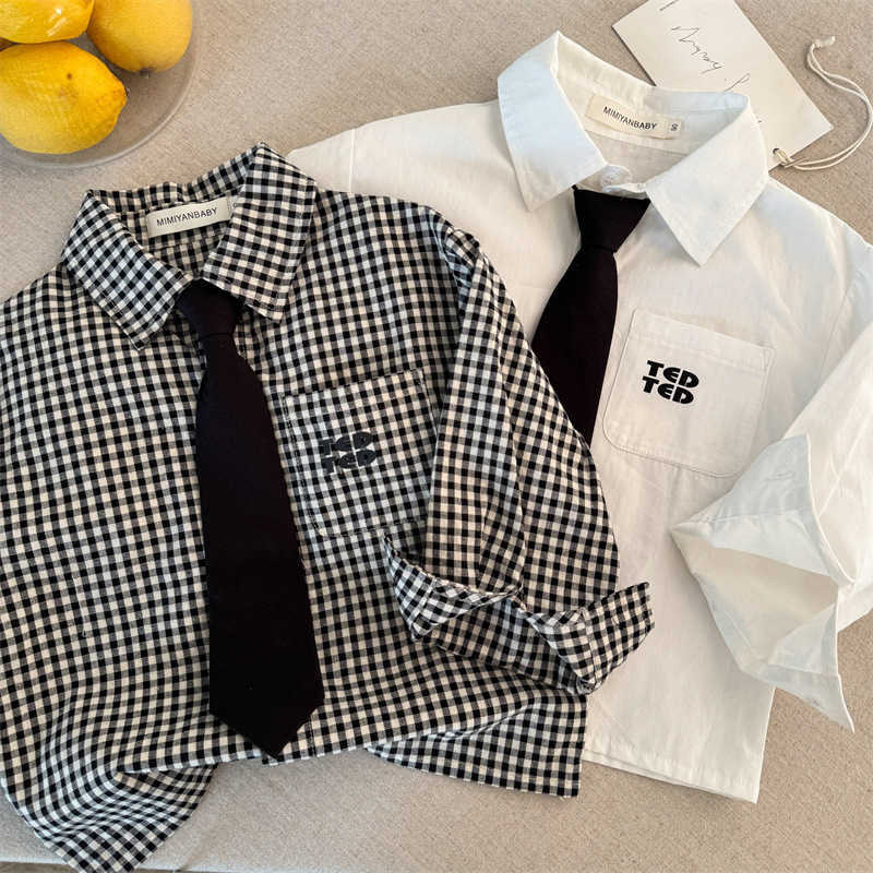 T-shirts Childrens Shirt 2025 Linlin Mom Spring New Product Male and Female Letter Tie Shirt Baby Versatile Checkered ShirtY250227I47C