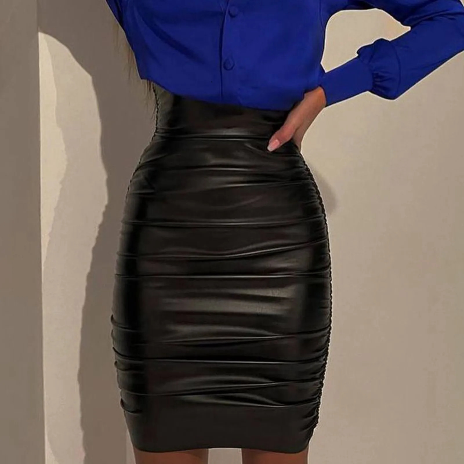 Black Leather Mini Skirts Women Gothic High Waist Slim Fit Lace-Up Pencil Skirt Female Sexy Club Back Zipper Split Bag Hip Skirt 250226