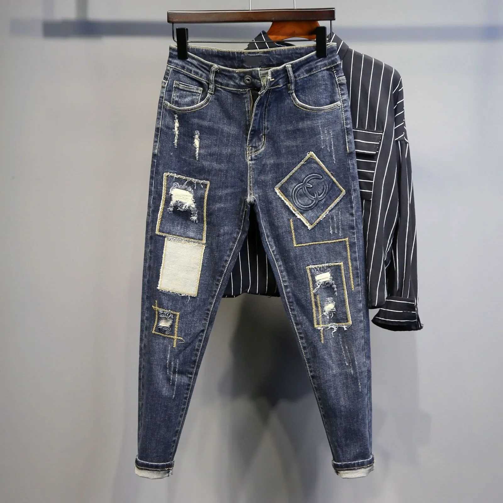Trendy Brand Mens Jeans Patch Autumn/Winter Ultra Thin Slim Fashion Pants Unique Small Group Fashion Smooth Shoulders X250227