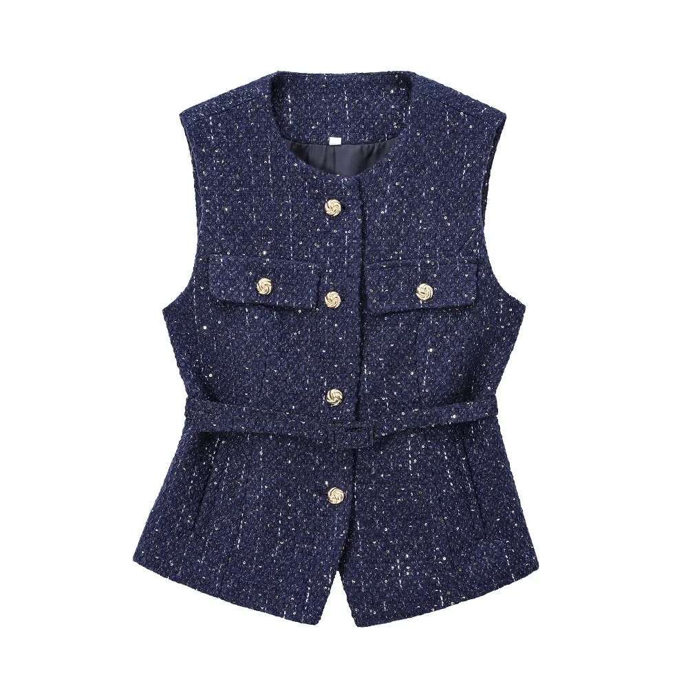 Tangada Women 2024 Blue Tweed Waistcoat With Belt Sleeveless Female Outerwear Ps0138