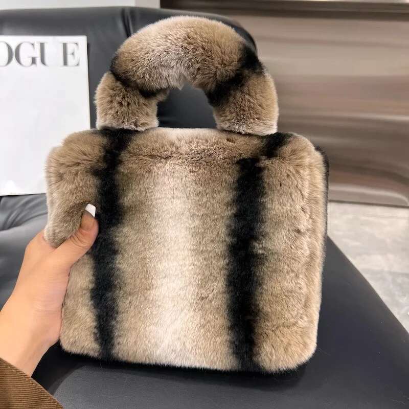 Real Rex Rabbit Fur Clutch Bag for Women, Evening Handbags, Fashion Winter Purse