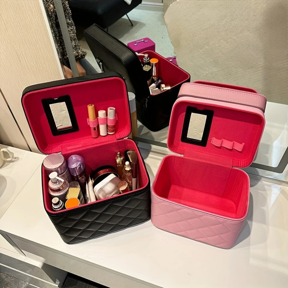 Ship from US Argyle Quilted Cosmetic Box Large Capacity Makeup Bag Zipper Handle Portable Carrying Case 250227FBB