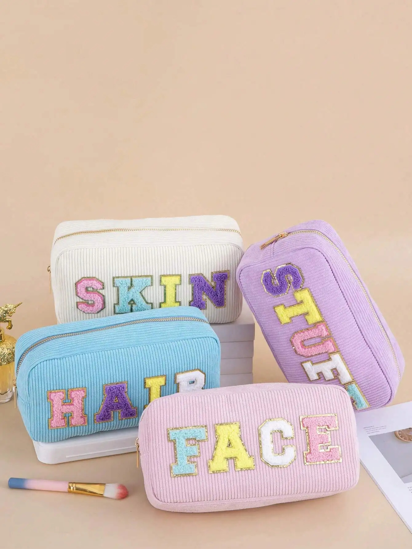 Ship from US 1Pc4Pcs Women Girls Preppy Travel Corduroy Chenille Letter Patches Skincare Face Hair Stuff Makeup Pouch Cosmetic Bags Z 250227FBB