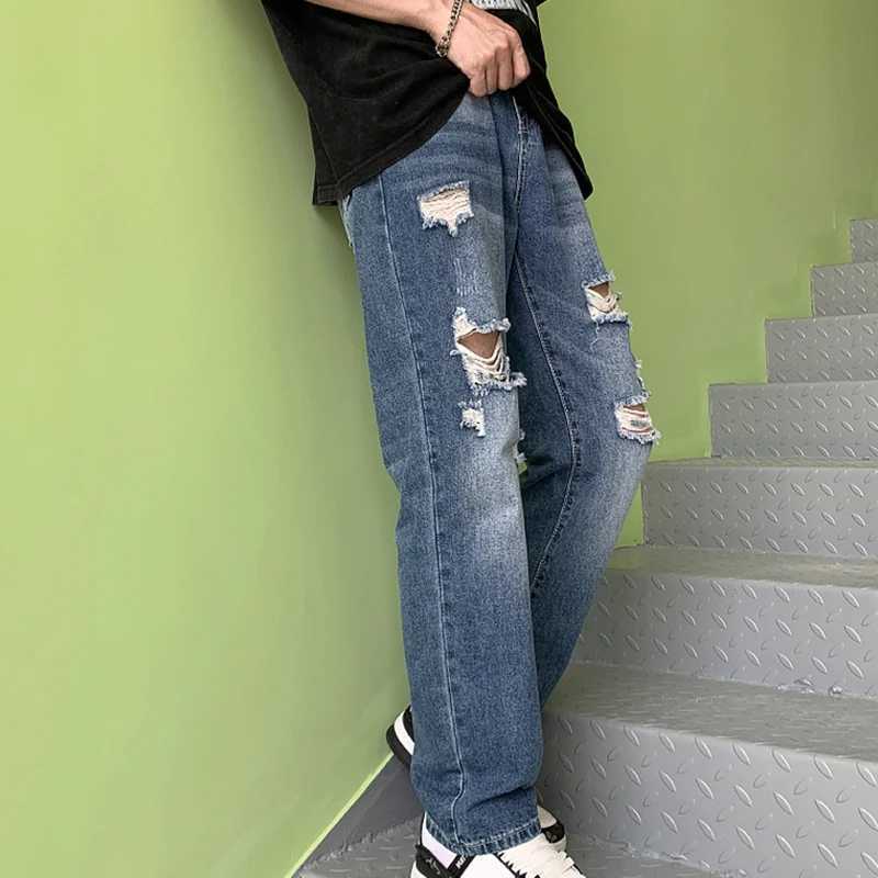 Mens open top denim jeans ripped straight casual street pants Hipster High Street Blue Pants X250227