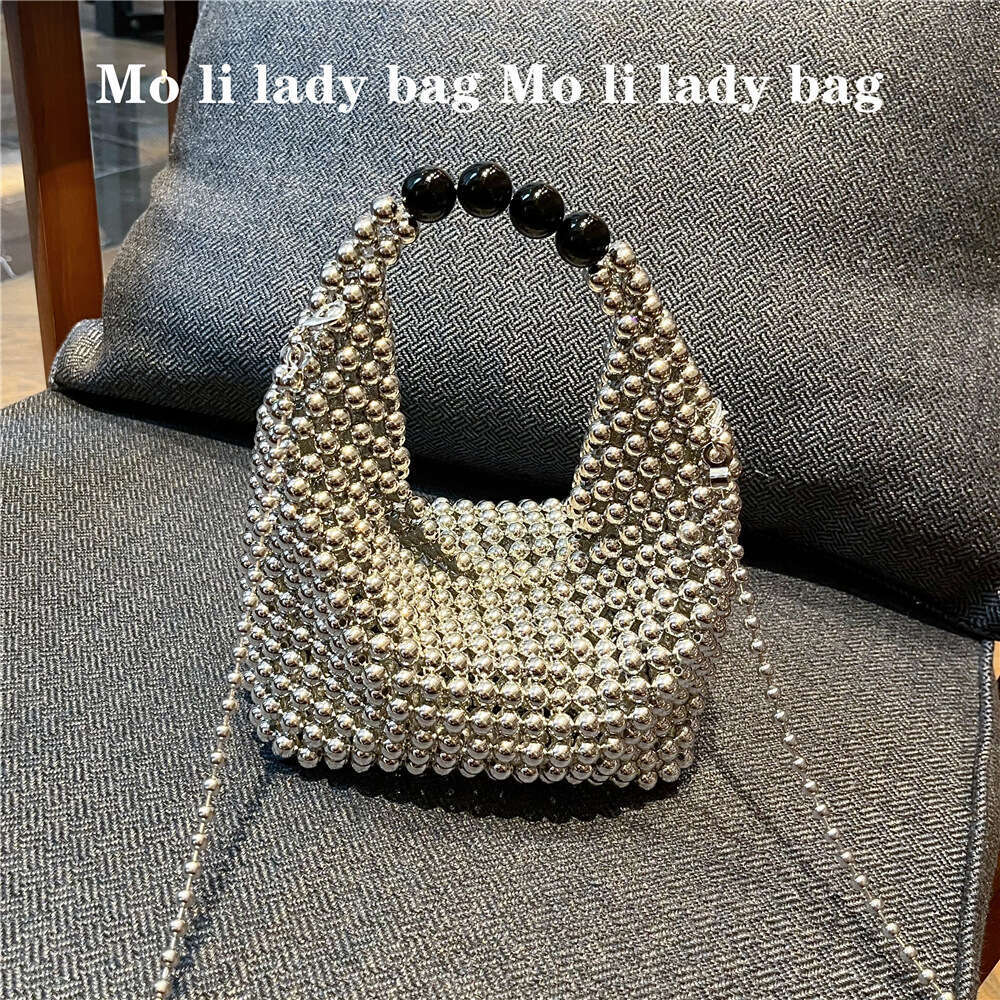 Women's Bags fashionable and high-end silver sparkling bead hand woven Boston handbag diagonal cross bag