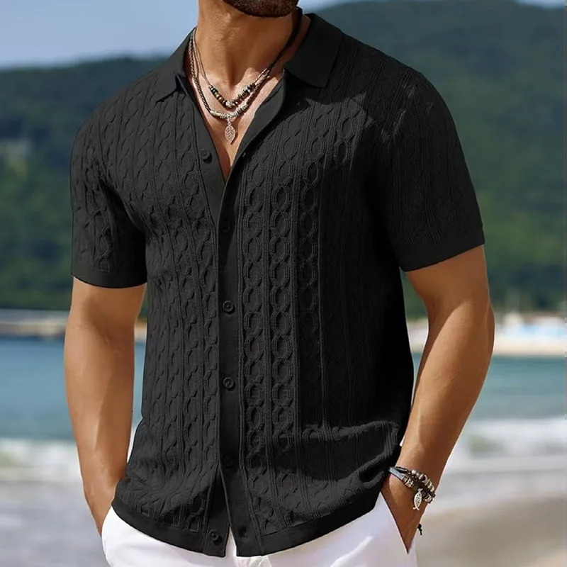 Summe Embroidery Mens Short Sleeved Fashion knitted Shirt 2025 Mens Business Solid Color Casual Button Cardigan POLO Shirt Top 250224
