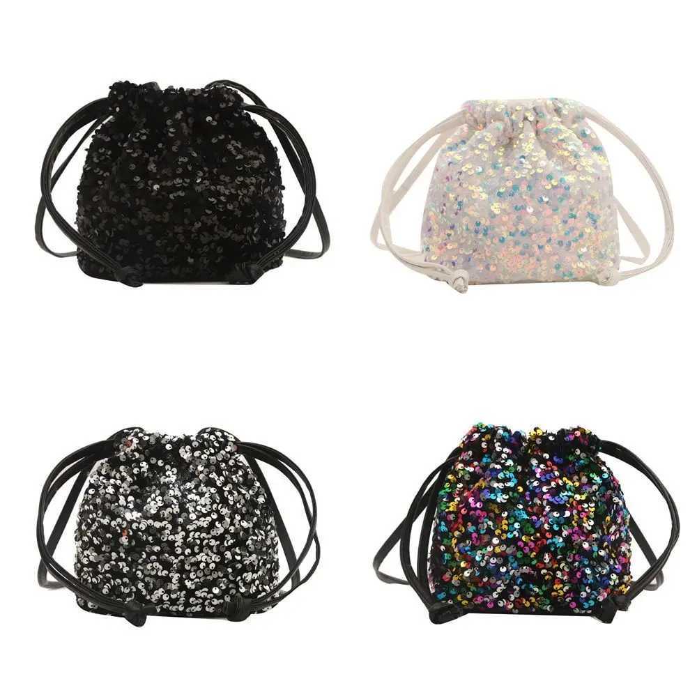 New Japanese Women Sequin Shoulder Bag for Girls Shiny Drstring Crossbody Bag Women Underarm Mini Bucket Bag Phe PurseXJ250227