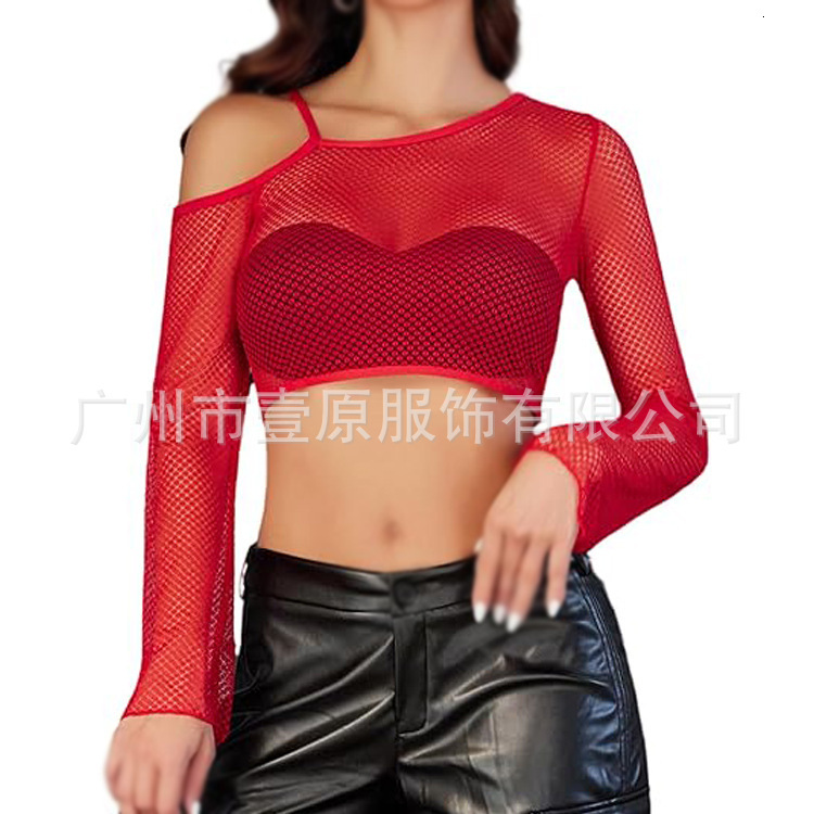 2025 summer new fishing net off shoulder long sleeved T-shirt with exposed navel sexy short top for women