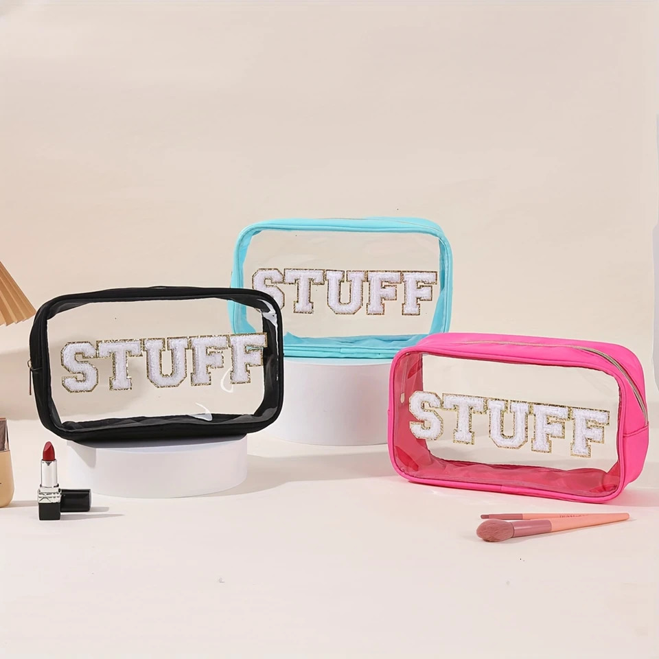 Ship from US 1pcs Clear Chenille Letter Patch Bag Preppy Makeup Bags Cosmetic Zipper Pouch Transparent Waterproof PVC Nylon Portable Travel M 250227FB