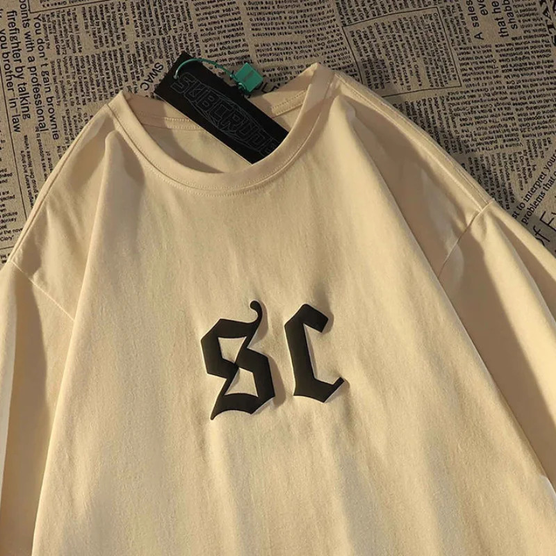 Gmiixder Retro Street Short sleeved Tshirt Spring American Super Large Punk Letter Mens Hip Hop Clothing 250226