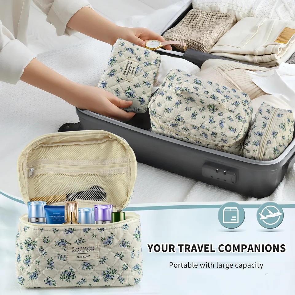 Ship from US Cute Quilted Floral Makeup Bag3PcsCoquette Aesthetic Cosmetic BagTravel Toiletry Bags Kawaii pouch for Women 250227FBB