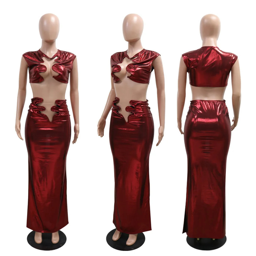 CM.YAYA Women Sets Sleeveless Sexy Irregular Crop Top and Long Straight Skirt Set Street Party Night Club Party 2 Two Piece Sets 250226