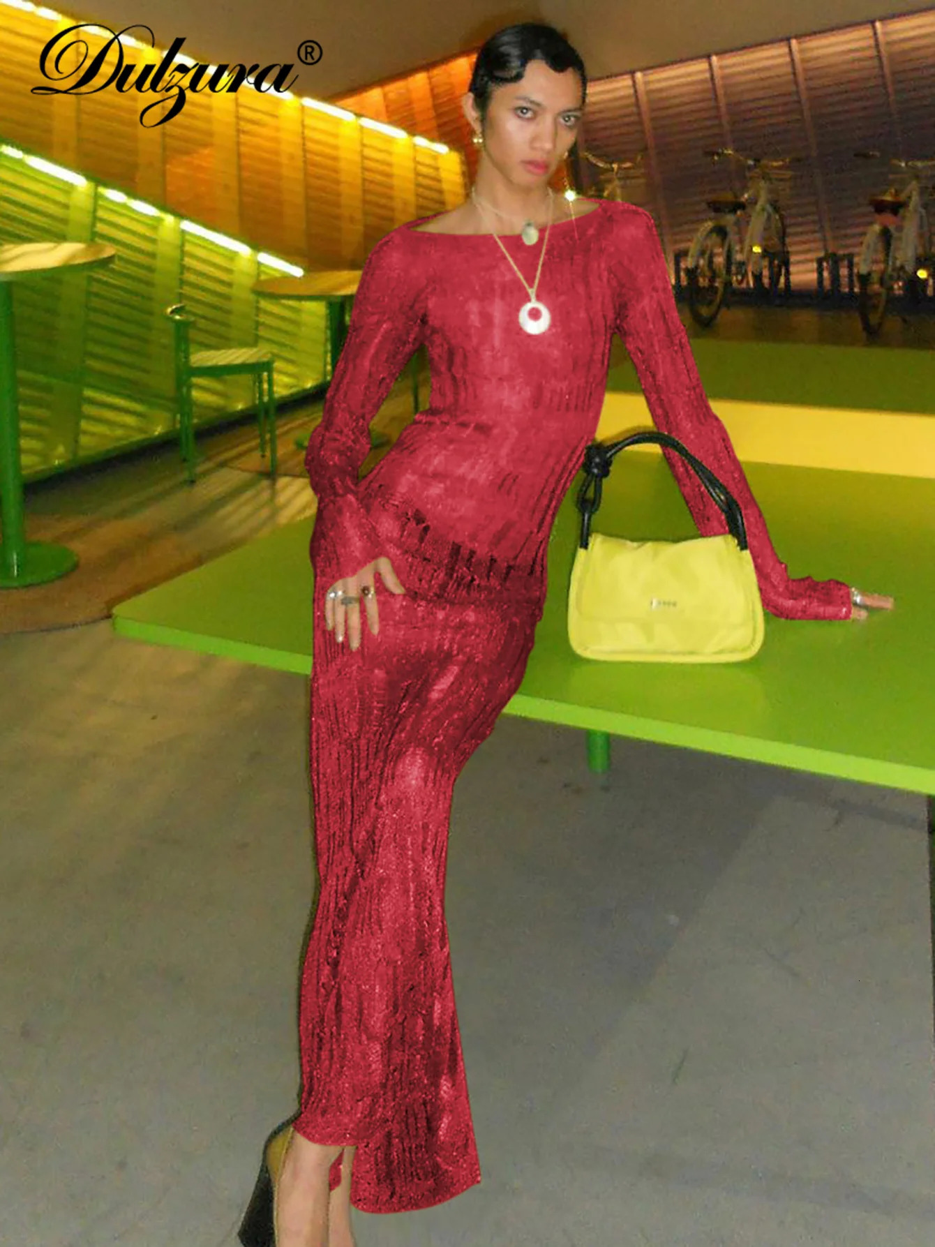 Dulzura Knitted Crochet Women Dresses Cut Out Backless Long Sleeve Hollow Maxi Dress Sexy Party Club Nightout Events Y2K Clothes 250226