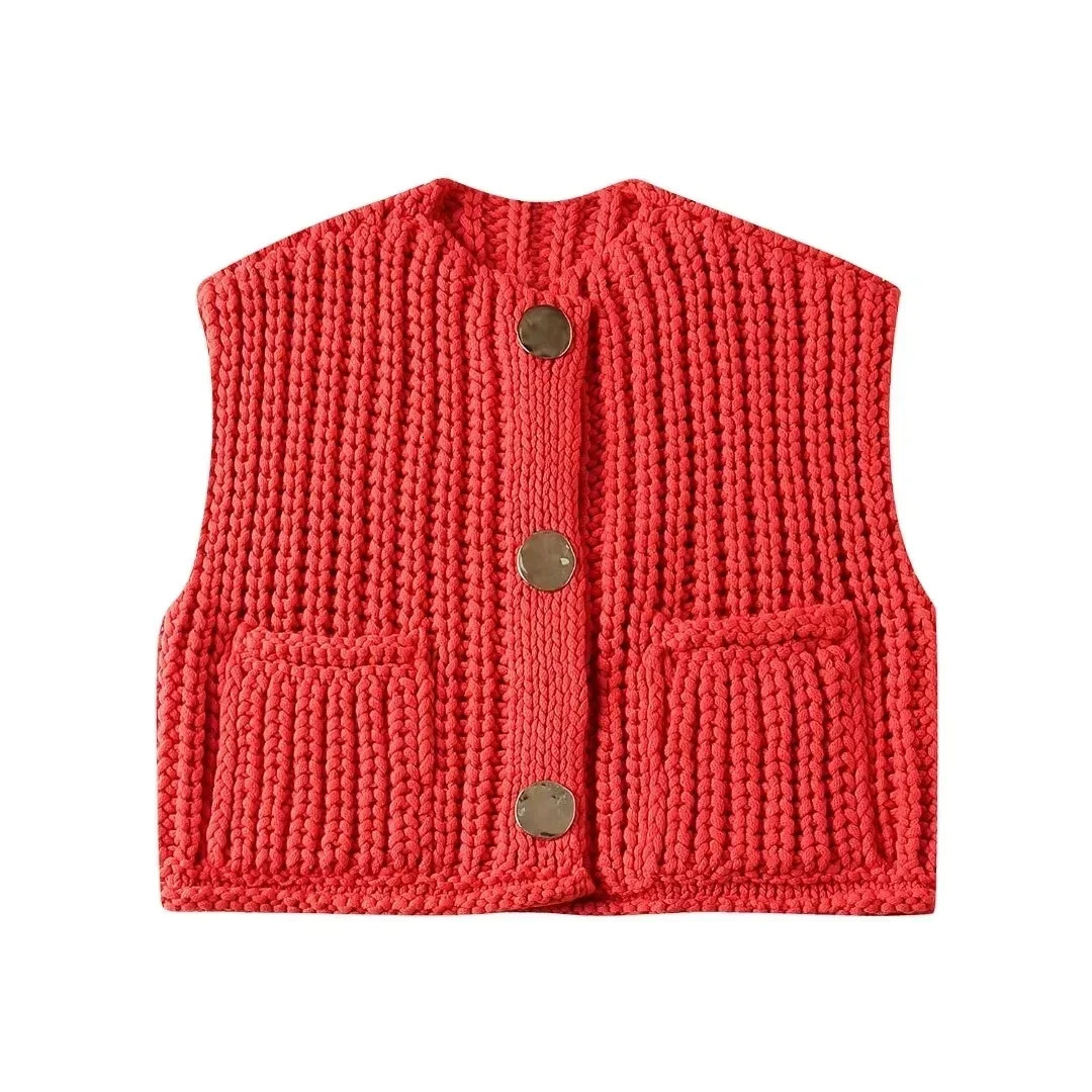 Crop Sleeveless Vest Woman Button Up Knit Women Streetwear Spring Waistcoat Jackets Y2K Pockets Loose Short Sweaters 250225
