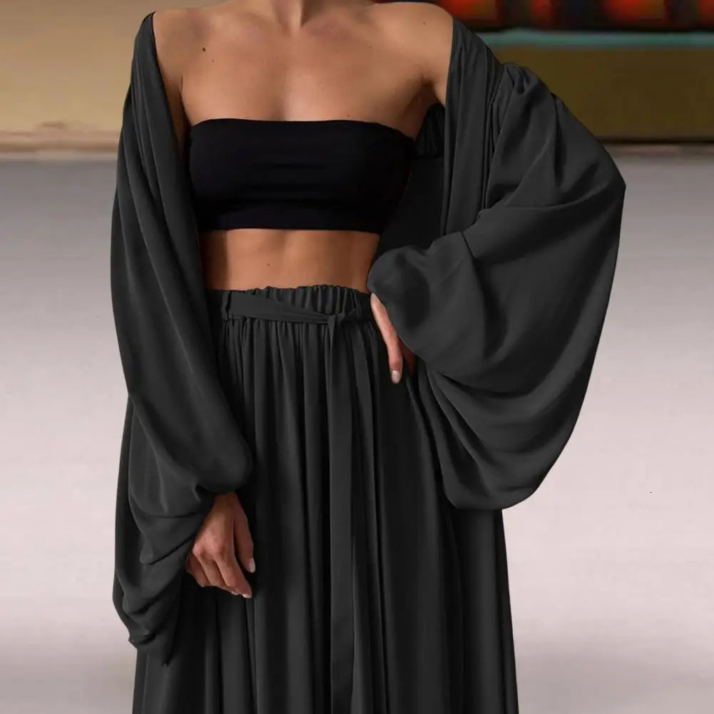 Fabulous with Belt Elastic Waist Lantern Sleeves Wide Leg Women Autumn Suit Long Sleeve Coat Lady Pants Set Women Clothes 250226