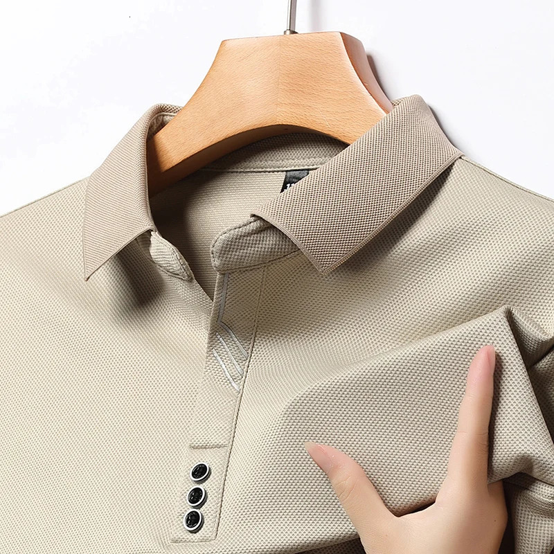 Mens Long-sleeved Polo Shirt Sweatwear Business Casual Top Fashion Classic Solid Color Male Basic V-neck Top 250225