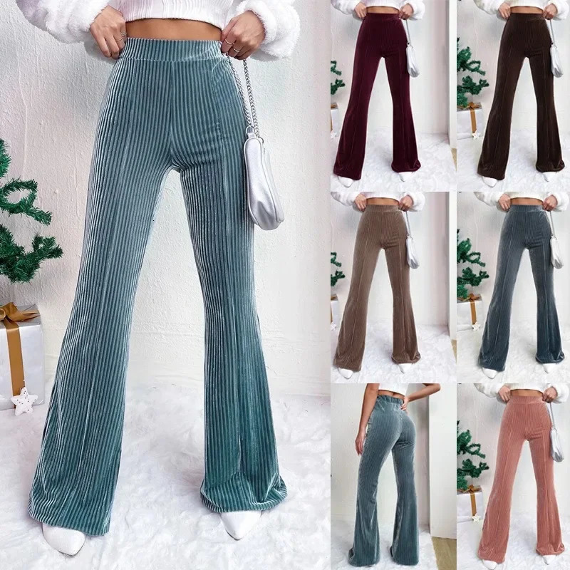 Solid Color Womens Velvet Pants Bell Bottom Flare Pants High Waist Warm Long Pants 250226