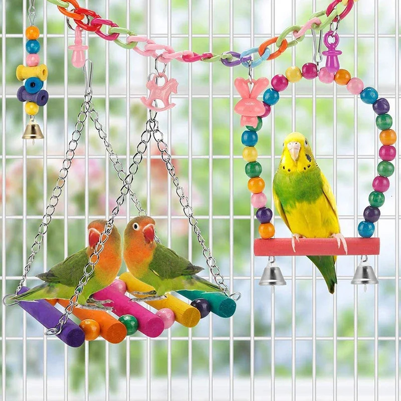 Bird Cage Toys for Parrots Wood Birds Swing Reliable Chewable Bite Bridge Wooden Beads Shape Parrot Toy 11pcs Bird Toys parrot 250226