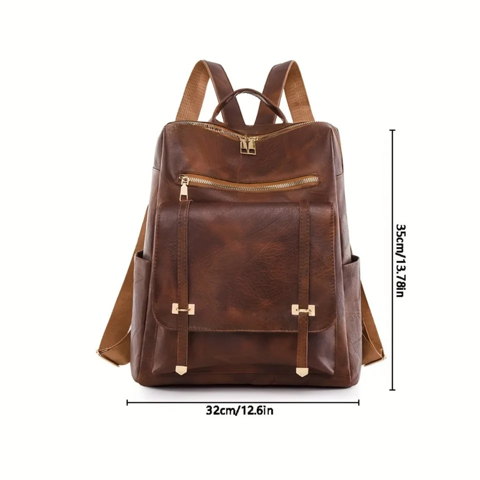 Ship from US Retro PU leather backpack simple preparatory style school bag fashionable laptop travel and workday 250227FBB