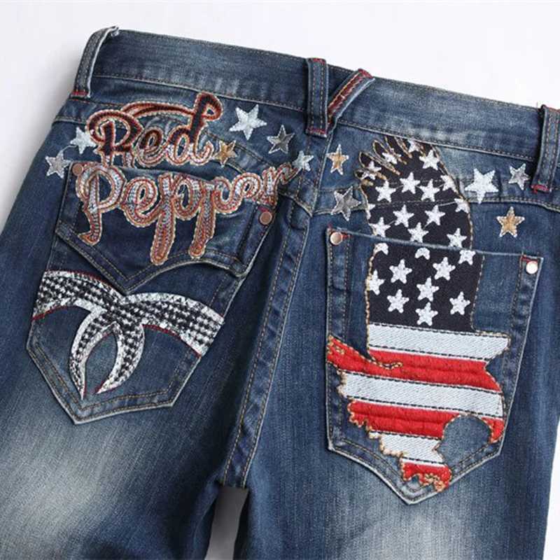 High Street New Denim Jeans Men Blue Embroidered Star Elastic Straight Trousers Embroidered Party Hip Hop Young Male Trousers X250227