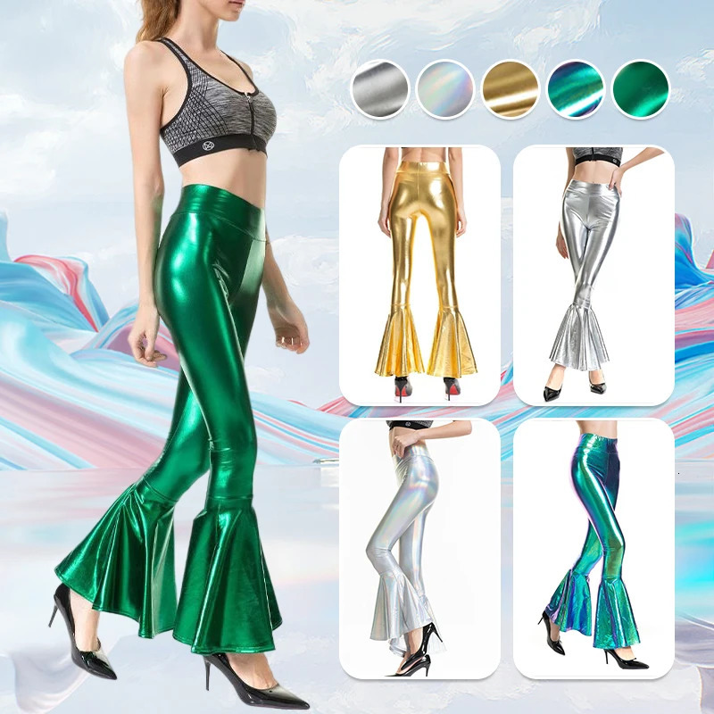 Womens sexy PU leather metal pants shiny holographic Flare womens elastic waist Flared Trousers dance performance club uniform 250227