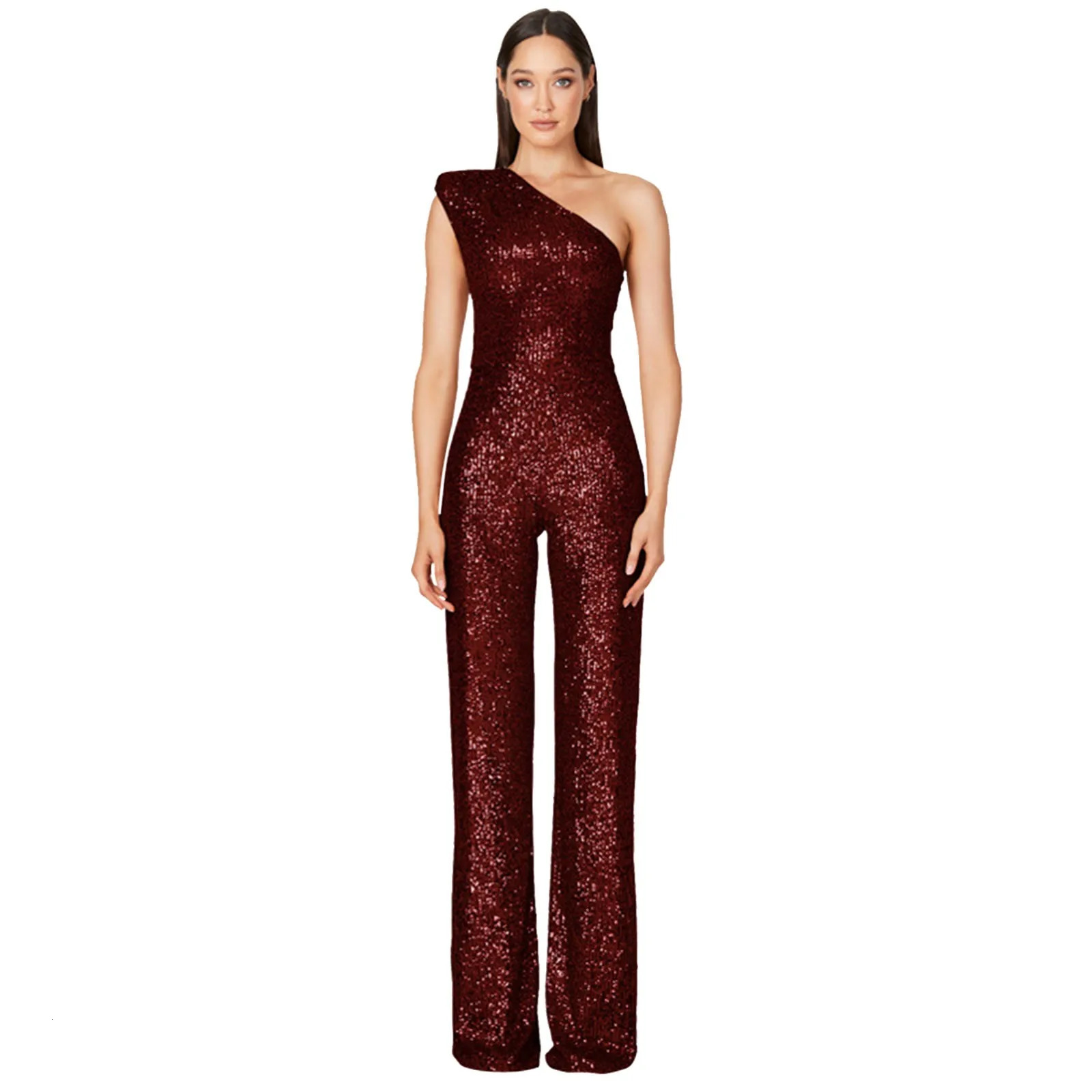 Womens One Shoulder Jumpsuits Elegant Sequins Glitter Party Overalls Sleeveless High Waist Straight Trousers Wedding Jumpsuit 250227