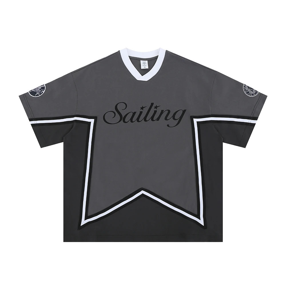 Superway Original Letter Printed T-Shirt Mens Patchwork Cotton Short Sleeves V-Neck Tees High Street American Style Tops 250225