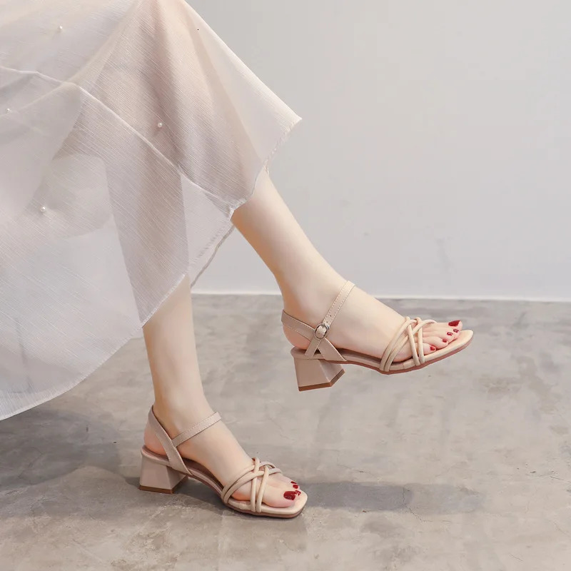 Comfort Shoes for Women Multicolored Sandals Buckle Strap Summer Heels All-Match Med Cross Girls Block Low High Fashion Med 250226