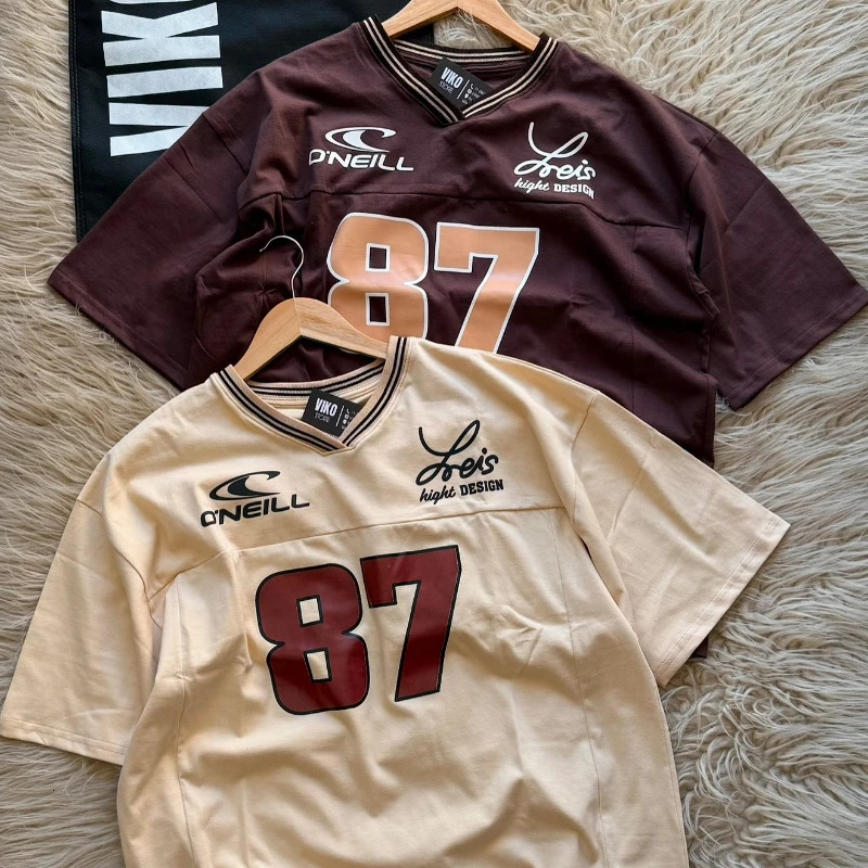 Y2K Vintage Shirt Ribbed V-neck digital Pattern Short Sleeve Streetwear Men Women Trend Clean Unisex Oversize clothing 250225