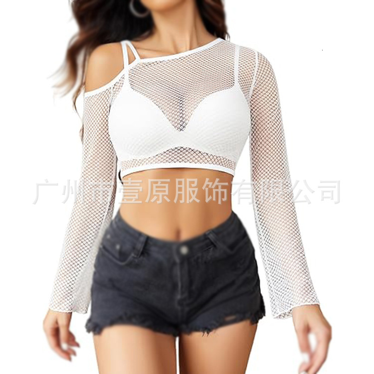 2025 summer new fishing net off shoulder long sleeved T-shirt with exposed navel sexy short top for women