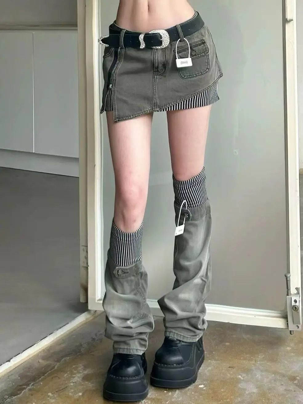 American retro patterned patchwork denim suit half skirt women Y2K irregular short skirt leg cover two-piece set for wearing 250226