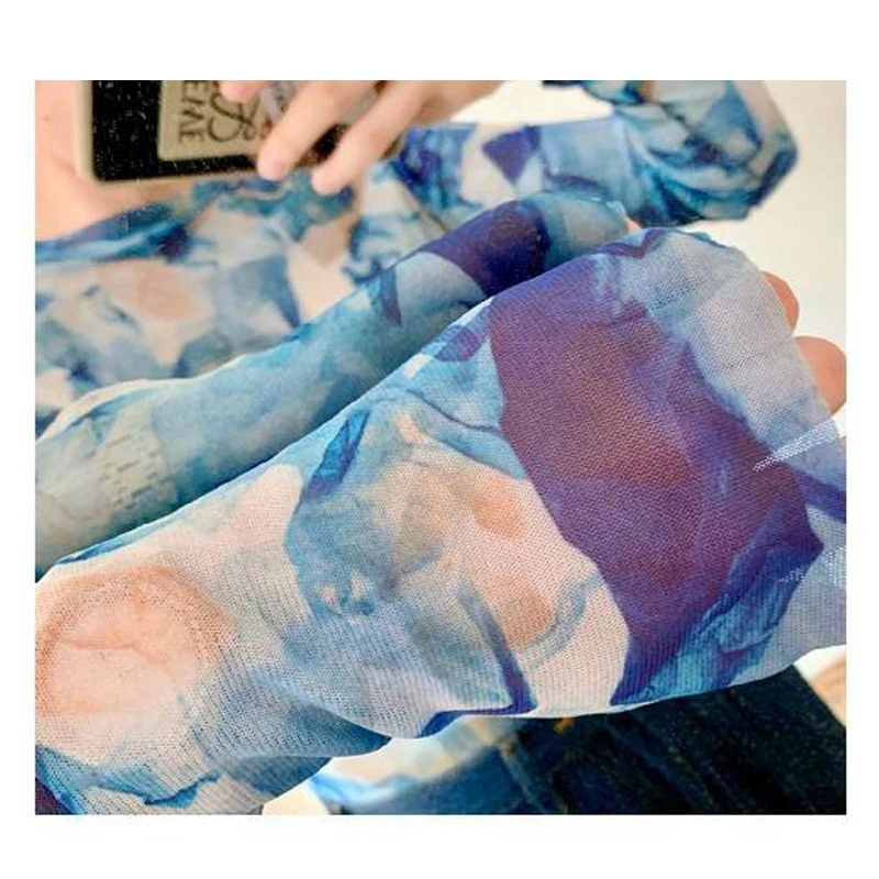Womens Clothing Vintage Tie Dye Printed Tshirts Y2K Streetwear Sexy Mesh Slim Tees Female Casual O Neck Long Sleeve Basic Tops 250226