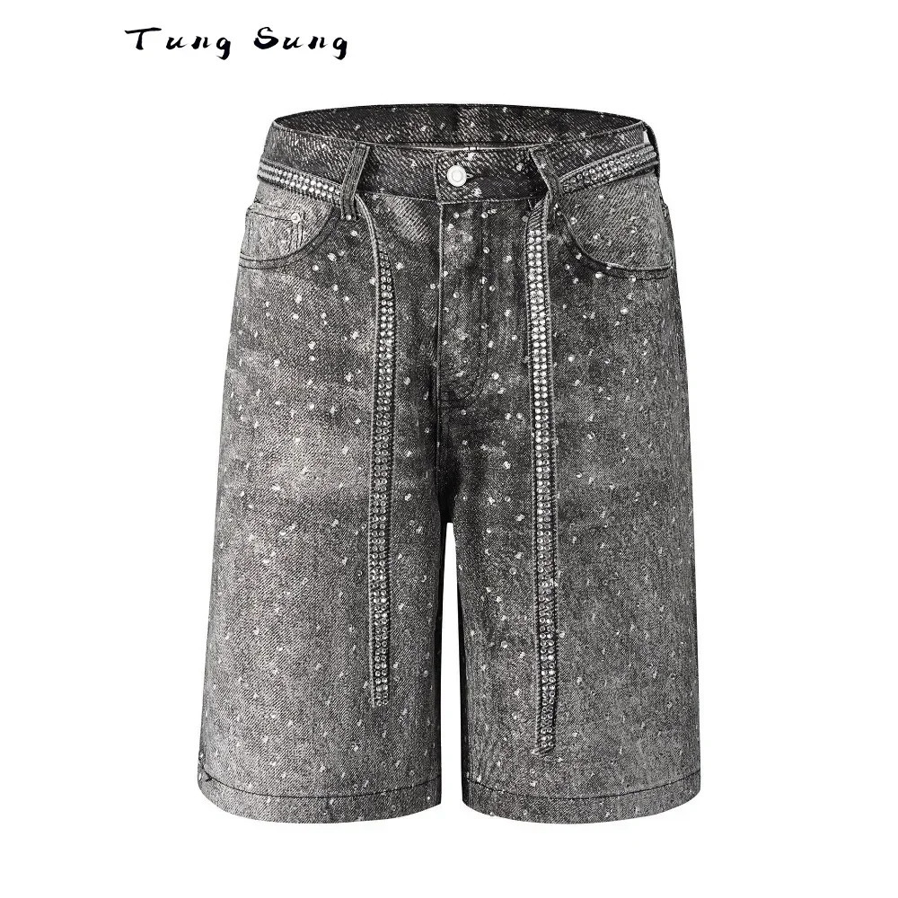 Tung Sung Full Diamond Printing Diamond Belt Wash Casual Loose Straight Jeans Hip Hop Y2k Men Jorts 250226