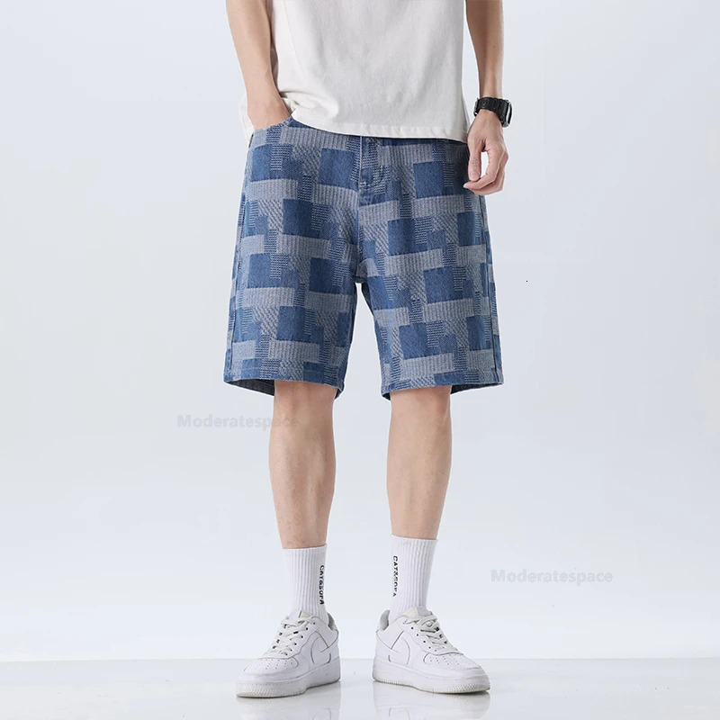 Fashion plaid mens denim shorts summer straight casual patchwork jeans street loose 250226